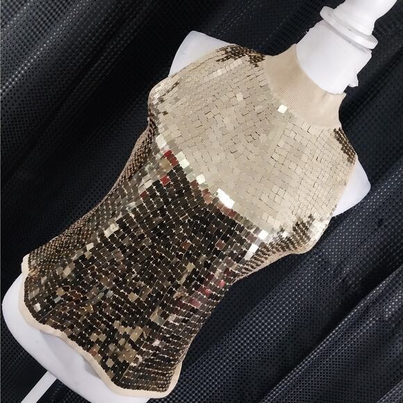 BELLDINI! GORGEOUS GOLDEN SEQUINNED SHEATH TOP, KNIT BASE, ZIPPER BACK! SZ L - Picture 1 of 10